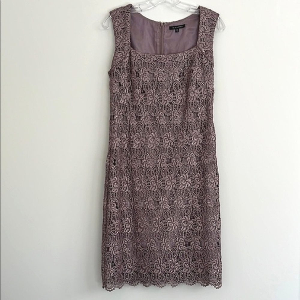 Marina‎ Lace Metallic Shimmer Sleeveless Dress Purple Taupe Size 6 USA Evening